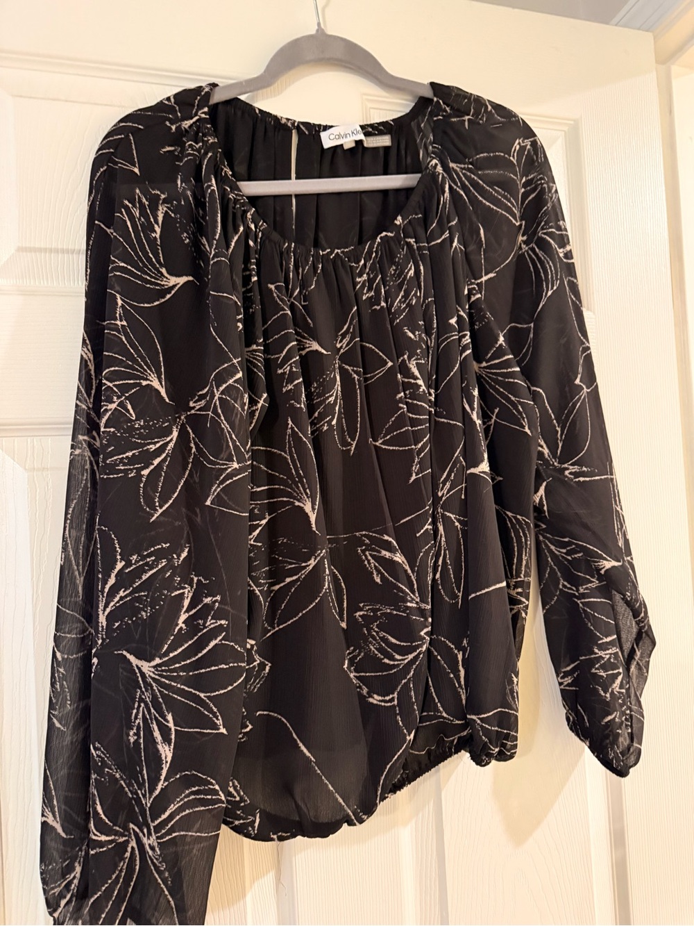 Calvin Klein Black Blouse with White Botanical Print